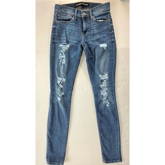 Express Denim - Express Jeans Womens 4R Legging Mid Rise Distressed Skinny Medium Wash Denim